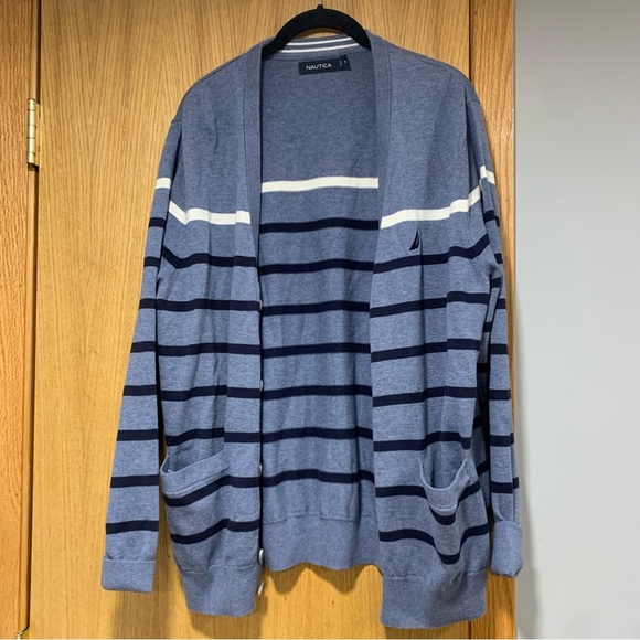 Nautica Striped Blue Cardigan Sweater - Size Medium - Picture 1 of 6
